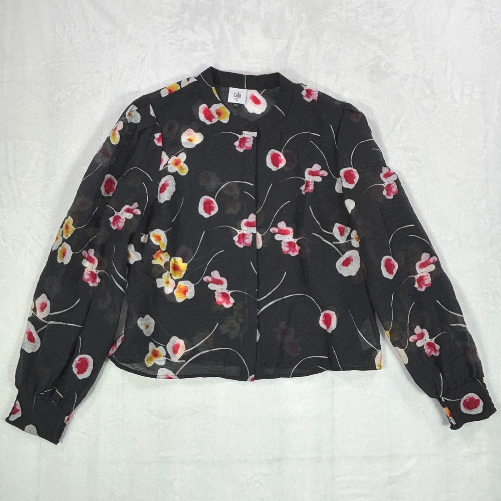 Cabi Women Black Floral Poppy Sheer Lyocell Blouse Smocked Cuff Sz Medium #6504